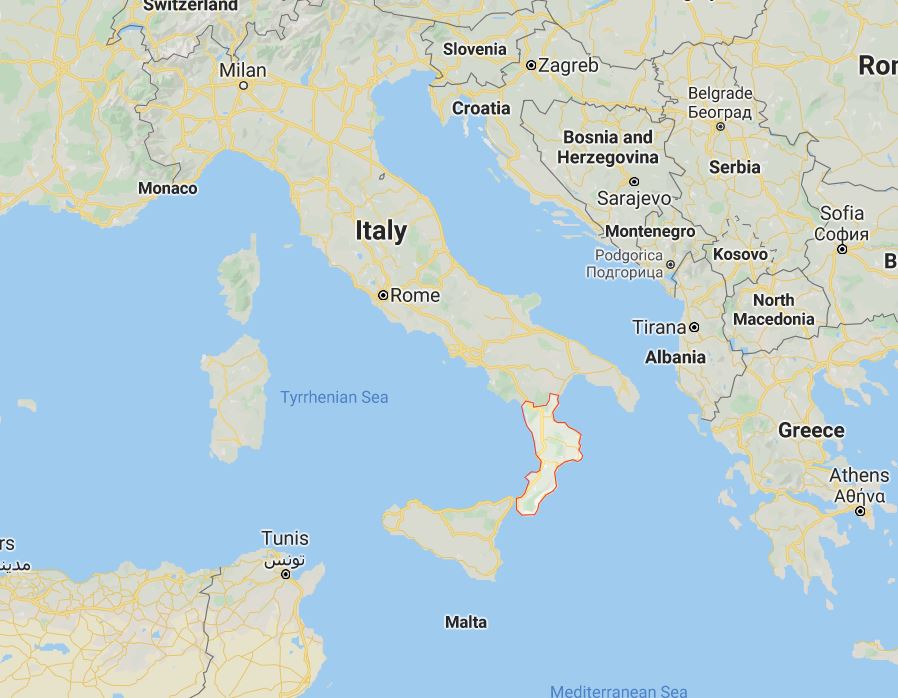 calabria pointed on a map